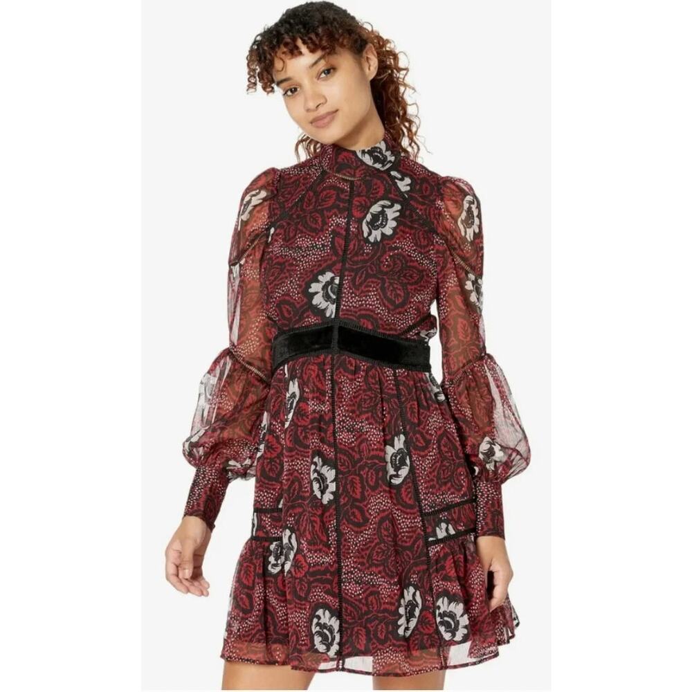 Ted Baker Coriey Ladder Trim Insert High Neck Dress Red Black Long Slv Mini Sz 4